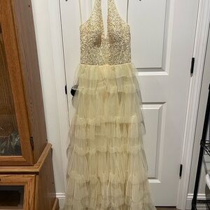 Blondie Nites yellow Sheer Tulle Halter Dress